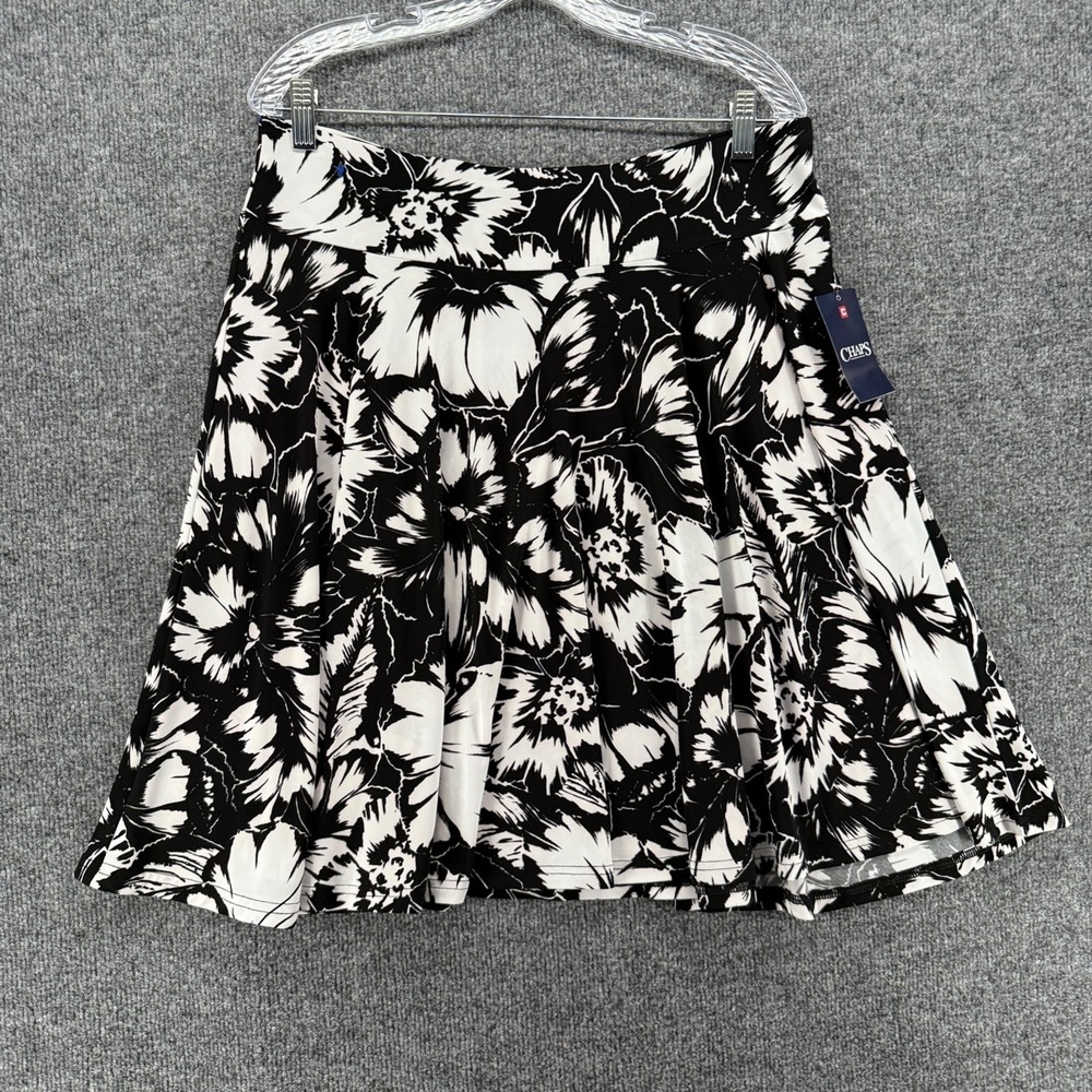 Chaps Skirt Womens L Black White‎ Floral Jersey Pull On Flare Boho Cottage Event